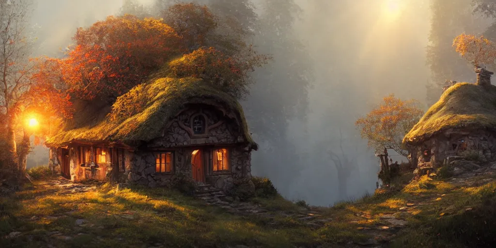 Image similar to a hobbit cottage on top of a steep hill, greg rutkowski, zabrocki, moebius, karlkka, jayison devadas, highly detailed, autumn sunlights, smoky atmosphere, ( ray of sunlight ), trending on artstation, 8 k, ultra wide angle, zenith view, pincushion lens effect