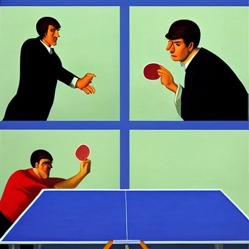 Prompt: a man playing ping pong against 3 other men by Raphael, Hopper, and Rene Magritte. detailed, romantic, enchanting, trending on artstation.