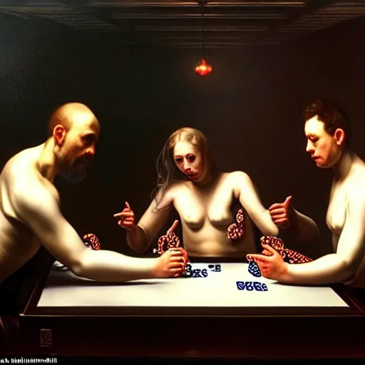 Image similar to hyperrealism simulation highly detailed human octopuses'wearing transparent jackets, playing poker in surreal scene from art house movie from future by caravaggio