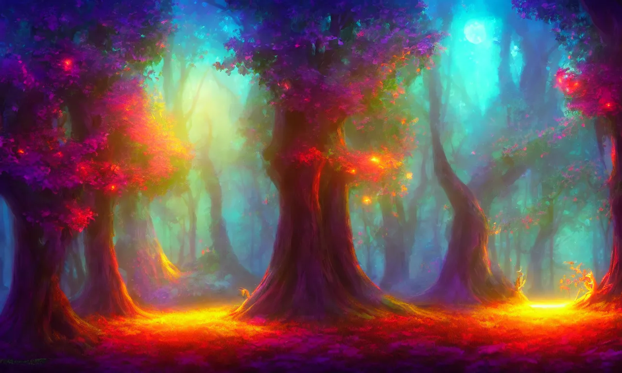 Image similar to enchanted magical forest on magical colorful fire , digital painting , digital art , artstation , devian art , 4k , HD