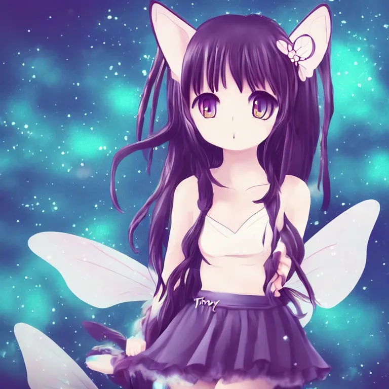 Image similar to cute, full body, female, anime style, a cat girl with fairy wings, large eyes, beautiful lighting, sharp focus, simple background, creative, heart effects, filters applied, symmetrical body, neck cuffs