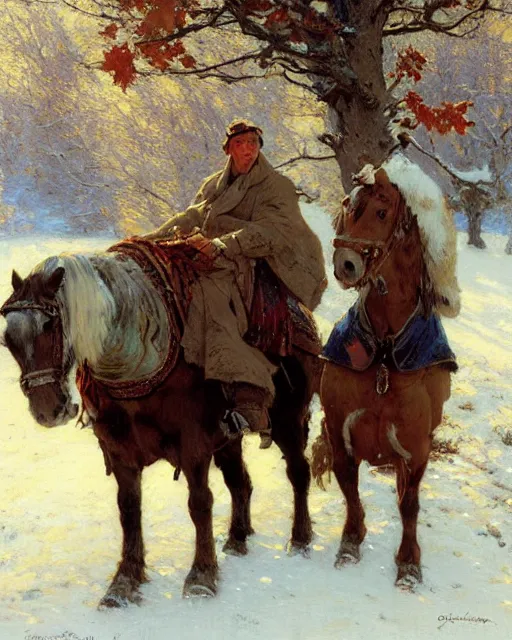 Image similar to handsome men reminisce about the end of autumn in a snow covered pasture, warm colors, hard angles, painting by gaston bussiere, craig mullins, j. c. leyendecker