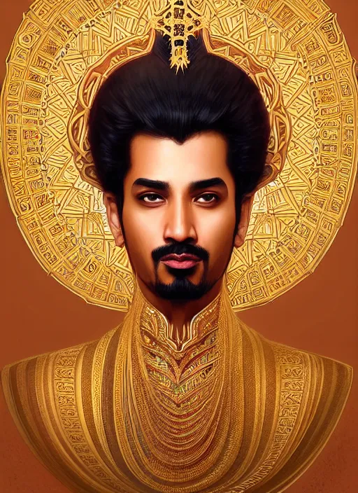 Image similar to portrait of king of saudi arabia, intricate, elegant, highly detailed, my rendition, digital painting, artstation, concept art, smooth, sharp focus, art by artgerm and greg rutkowski and alphonse mucha and uang guangjian and gil elvgren and sachin teng, symmetry!!