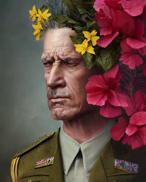 Image similar to a beautiful portrait photo of a military general man, looking angry, covered by hibiscus, daffodils, hydrangea, montsera leaves by tom bagshaw and zach sutton, very detailed, artstation, 8 k