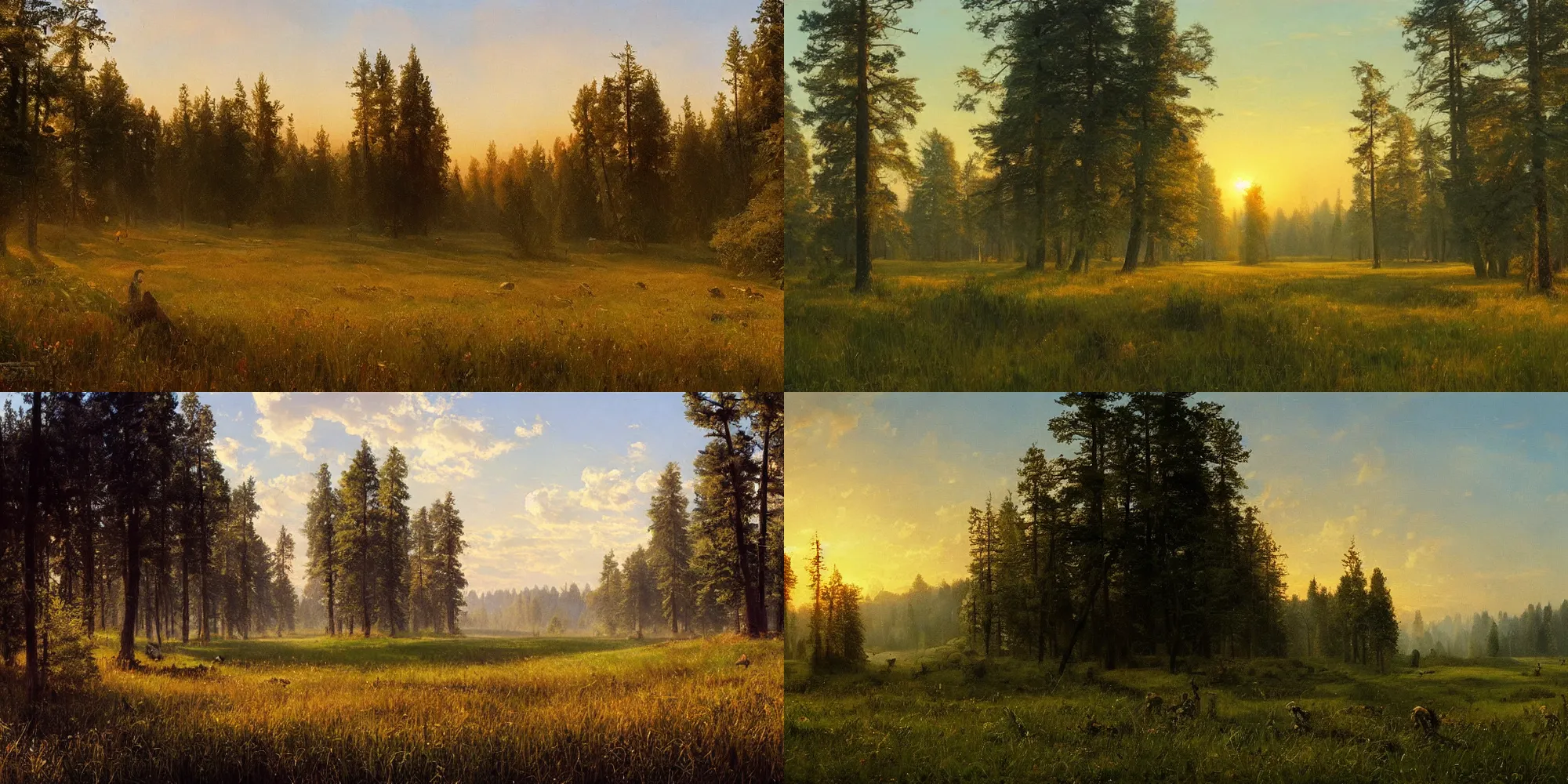 Prompt: The brilliant dawn on the meadow, Ivan Shishkin, Artstation, Epic, Stylized,