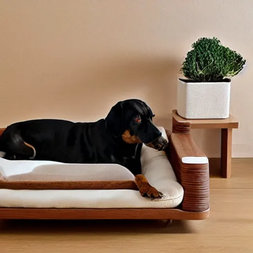 Prompt: wooden luxurious dog bed inspired by Le Corbusier