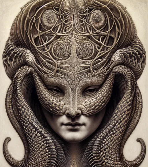 Image similar to detailed realistic beautiful serpent goddess face portrait by jean delville, gustave dore, iris van herpen and marco mazzoni, art forms of nature by ernst haeckel, art nouveau, symbolist, visionary, gothic, neo - gothic, pre - raphaelite, fractal lace, intricate alien botanicals, ai biodiversity, surreality, hyperdetailed ultrasharp octane render