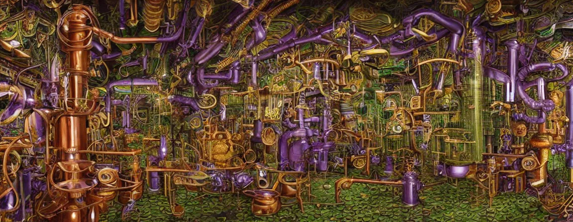 Prompt: a super high resolution film still of densely packed machine apparatus for making snake oil, huge copper machine with fine purple and green intricate pipework, art by jacek yerka, and ed roth, directed by denis villeneuve, cinematography by robby muller, fine detail, kodachrome 8 k, snake machine, cinematic lighting