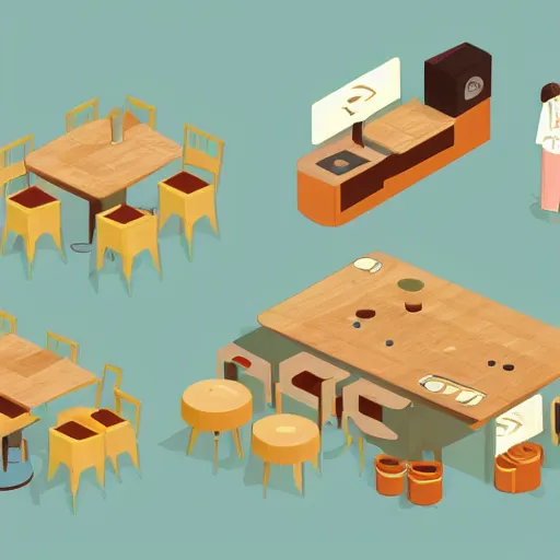 Image similar to isometric cartoon of funky recreational cannabis cafe area, coffee machine, aluminum sheen, wooden furniture, people drinking coffee and smoking cannabis, only 2 tables chairs, 4 cannabis pots, by benoit mandelbrot, low poly cute minimal interior design concept art illustrated by anni albers