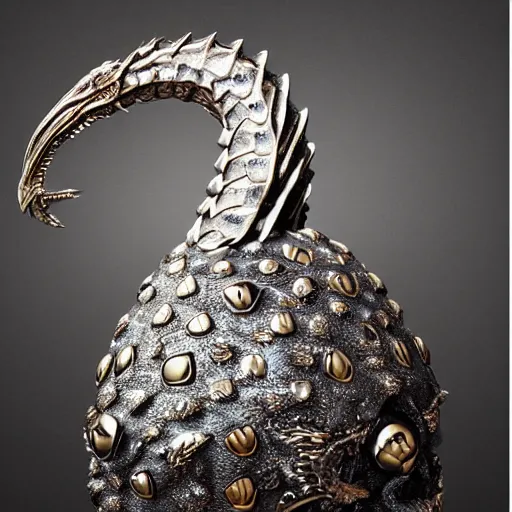 Image similar to daenerys dragon egg inspired, jewel encrusted Fabergé egg and Hans ruedy giger, hyperrealism, detailed, luxury, high definition, ultradetailed,