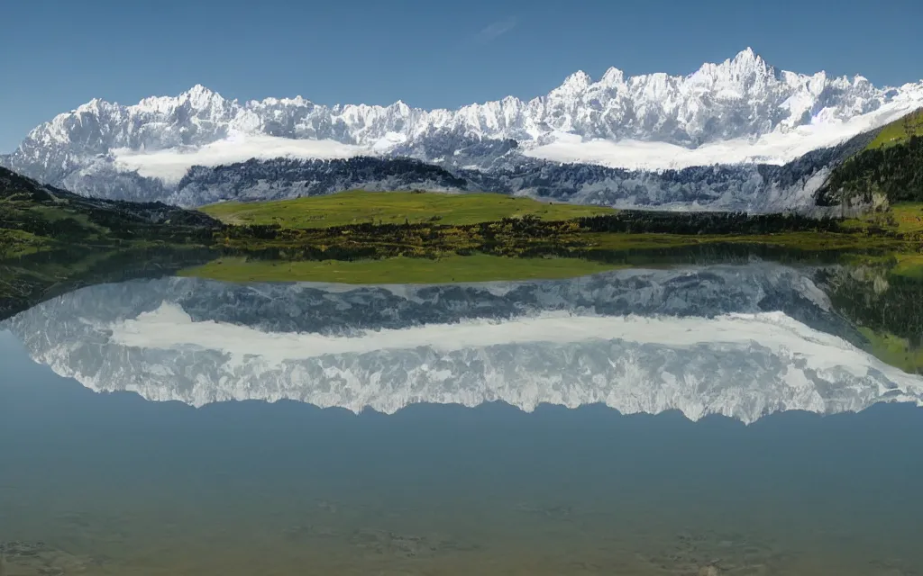 Image similar to the alps and reflection in a lake in the style of georgia o keefe