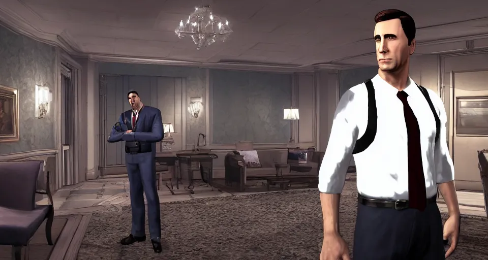 Image similar to Screenshot of Sterling Archer from the show Archer as a 3d NPC in the videogame 'Hitman 3' (2021). Scene is a wealthy event in a decadent environment. Sharpened. 1080p. High-res. Ultra graphical settings.