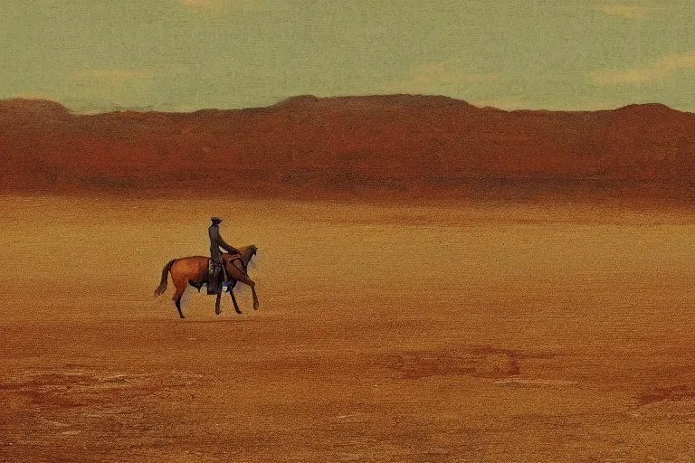 Image similar to a lone tired cowboy rides his horse in a vast desert valley, cinemascope, grand vista, greys and rust hues, fredrick remington, widescreen