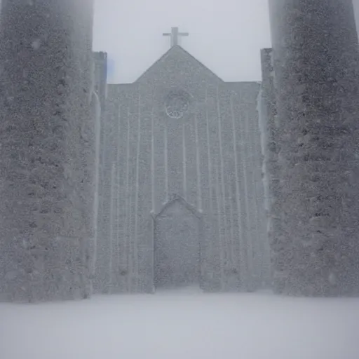 Image similar to a monolithic cathedral in the artic. overcast sky, grainy, snowing.