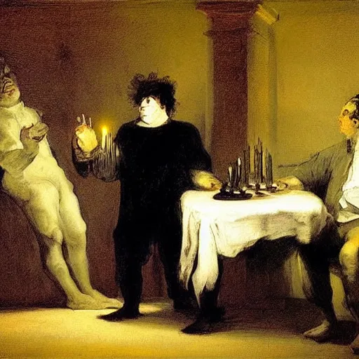 Image similar to two men arguing about neural networks in small room lighted by candles. art by francisco goya - w 1 0 2 4