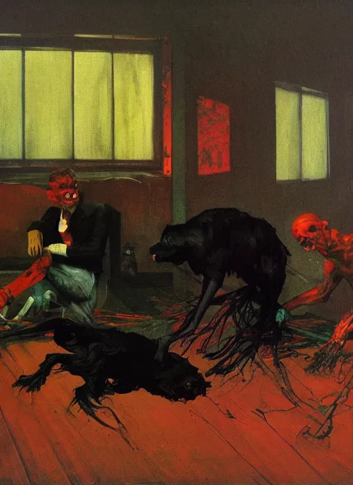 Image similar to two dark figures laughing and a black dog inside a decayed contemporary living room with large oxygen tank in the style of Francis Bacon and Zdzislaw Beksinski, Edward Hopper and Norman Rockwell, highly detailed, very coherent, triadic color scheme