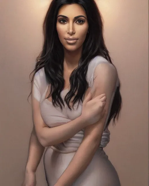 Prompt: a highly realistic, true to life portrait of kim kardashian as a beautiful young middle eastern girl, sharp focus, from the waist up, with sharp features, a beautiful face, soft smile, under studio lighting, taken with a canon eos camera with 1 3 5 mm focal length, art by artgerm and greg rutkowski and alphonse mucha