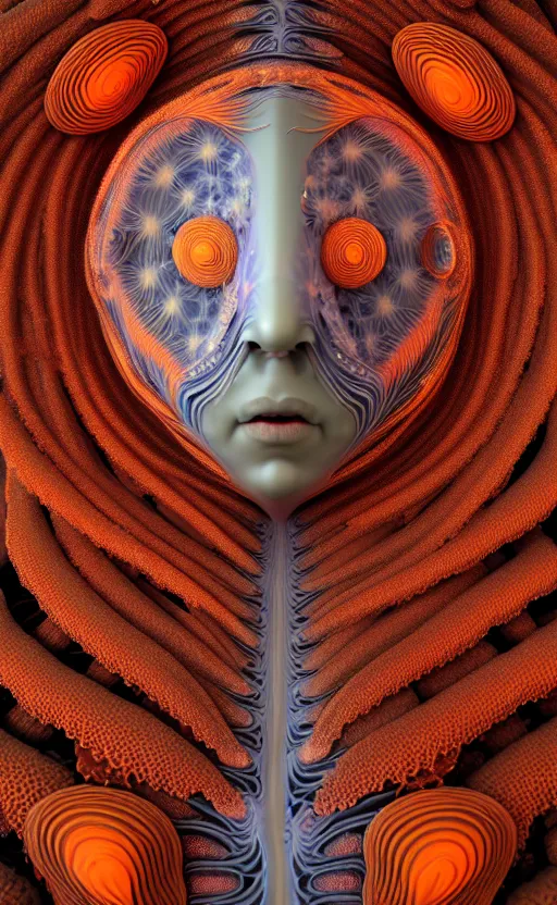 Image similar to portrait intricate mask, eagle coral, jelly fish, mandelbulb 3 d, fractal flame, octane render, cyborg, biomechanical, futuristic, by ernst haeckel