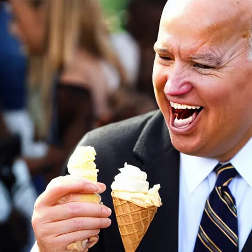 Image similar to an award winning photo of extremely fat joe Biden eating an ice cream cone, he’s wearing a diaper