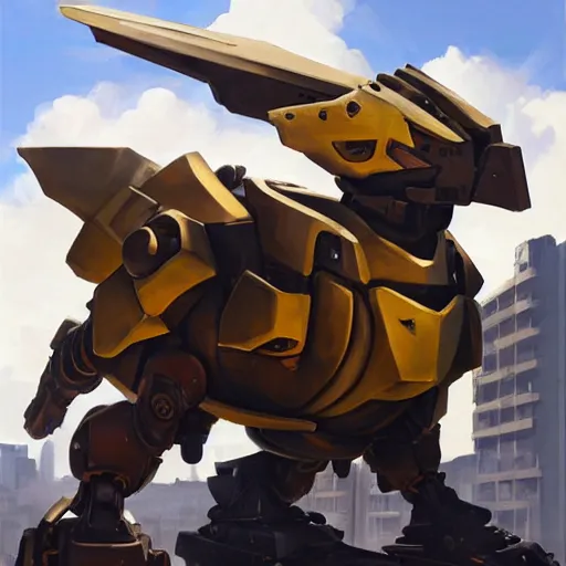 Prompt: greg manchess portrait painting of fully armored chocobo on top of a huge mecha as overwatch character, totally whack, medium shot, asymmetrical, profile picture, organic painting, sunny day, matte painting, bold shapes, hard edges, street art, trending on artstation, by huang guangjian and gil elvgren and sachin teng