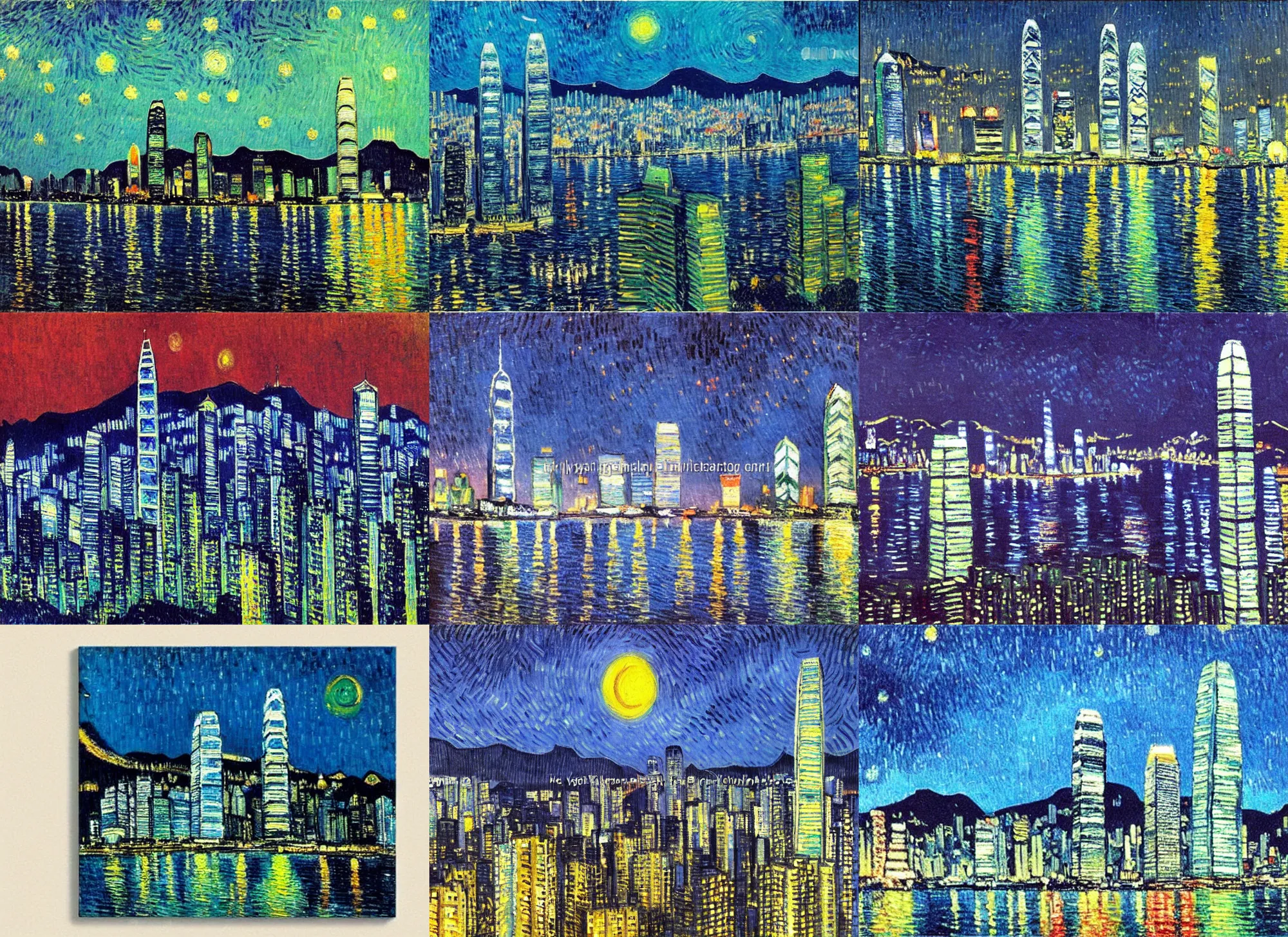 Prompt: hong kong skyscrapers at night, beautiful, painting by van gogh, post impressionism