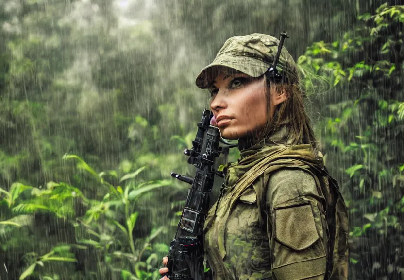 Image similar to female tactical sniper hiding in the jungle artwork rain diffuse elegant prefect symmetrical focus foggy mist