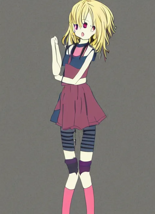 Image similar to poorly drawn anime girl, cute outfit, posing, crayon art, very silly looking, very anime