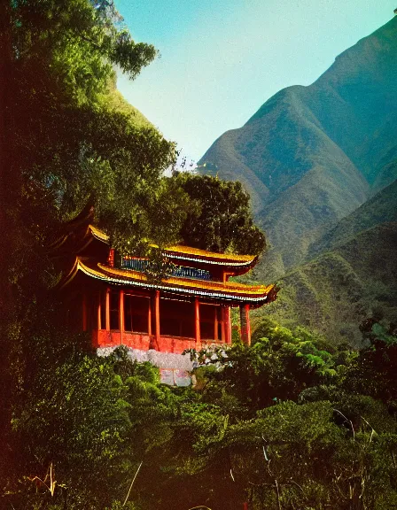 Prompt: vintage color photo of light floating over a temple in the jungle in Cordillera De Los Andes, 8k definition