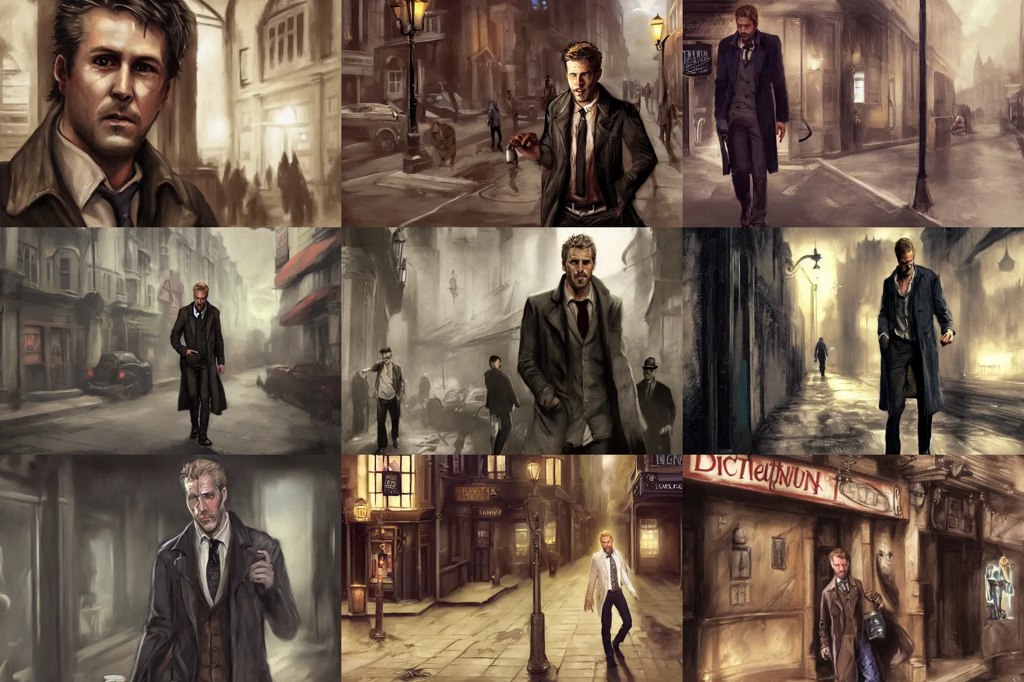 Prompt: matte painting character illustration of a beat up john constantine going to lunch at a dive bar in london, digital painting, illustration, constantine, john singer sargent, magical creatures in the background, amazing values, 8 k, gothic, realistic face details, symmetrical face details, realistically rendered face, photorealistic eyes, moody lighting, octane render