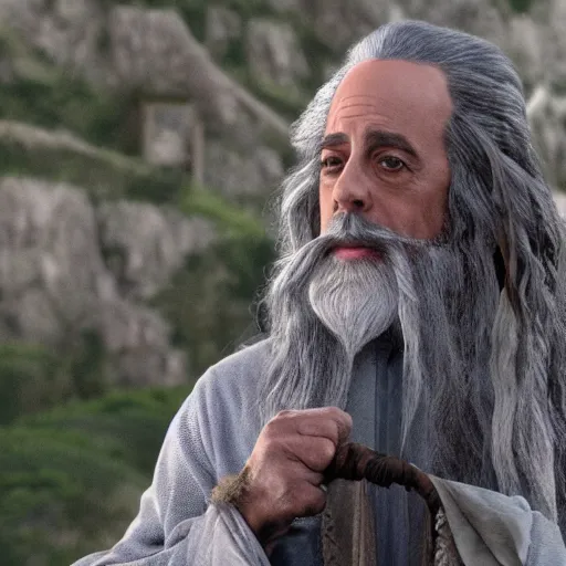 Image similar to jerry seinfeld as gandalf, cinematic, depth of field, helms deep battle