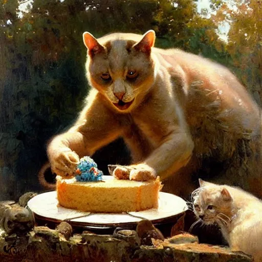 Prompt: a half cat half bear hybrid eating cake at his 7 0's birthday at a zoo, highly detailed painting by gaston bussiere, craig mullins, j. c. leyendecker