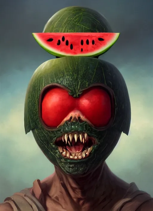 Prompt: hyper realistic photography portrait of smiling goblin with a watermelon helmet cinematic, greg rutkowski, brom, james gurney, mignola, craig mullins, artstation, cgsociety