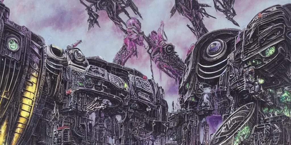 Image similar to an eldritch brutalist gothic airbrush painting of a voidpunk starship ready for battle, illustrated by hg wells, warhammer 4 0 k, lisa frank, josh kirby imperium of man juggernaut, sci - fi and cyberpunk, clean linework, obsidian hull, technological, artificial bejeweled and gilded