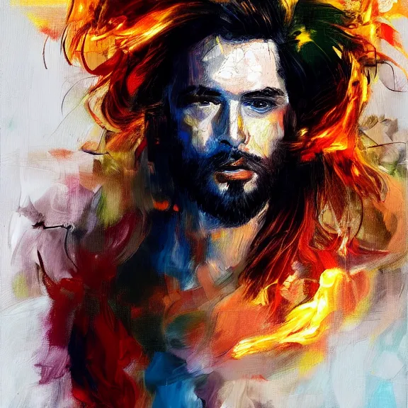 Image similar to abstract painting of man on fire. Handsome. Long hair. portrait. ArtStation. Impressionist