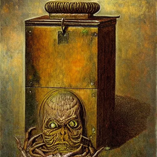 Prompt: demon hiding inside an ornate ancient sinister-looking box, by Odd Nerdrum, by Gustav Klimt, beautiful, eerie, surreal, colorful