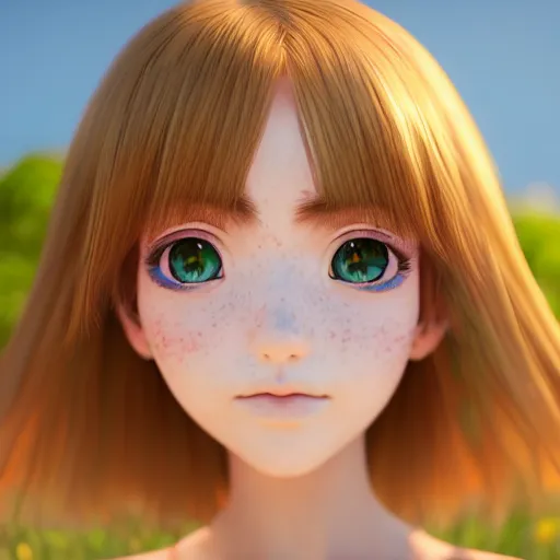 Image similar to Render of a very beautiful 3d anime girl, long hair, hazel eyes, cute freckles, full round face, short smile, cute sundress, golden hour, serene beach setting, medium shot, mid-shot, highly detailed, trending on Artstation, Unreal Engine 4k