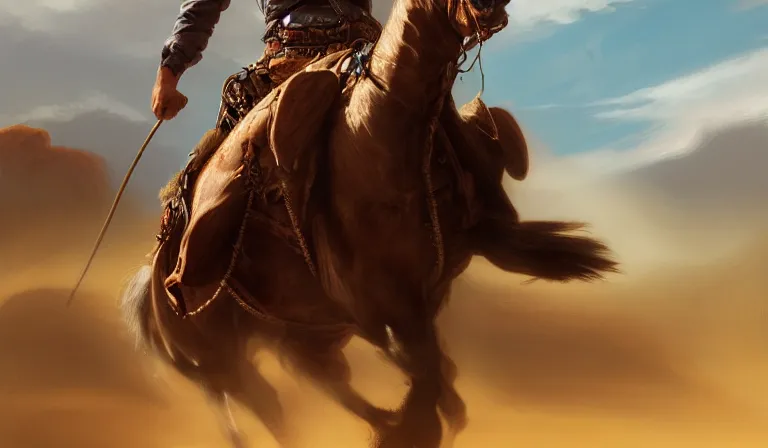 Prompt: cowboy ridding through the desert on a horse, sharp focus, intricate, elegant, digital painting, artstation, matte, highly detailed, concept art, illustration, volumetric lighting, bokeh light, art by greg olsen and liz lemon swindle