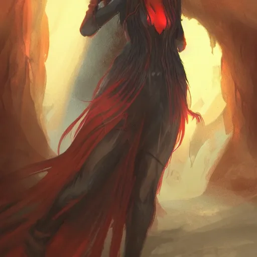 Image similar to a woman with red hair in a dark cave, concept art by Magali Villeneuve, deviantart contest winner, fantasy art, concept art, dark and mysterious, d&d