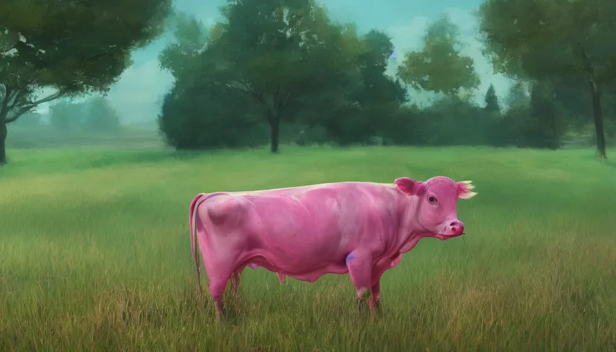 Image similar to pink cow in green field, hyperdetailed, artstation, cgsociety, 8 k