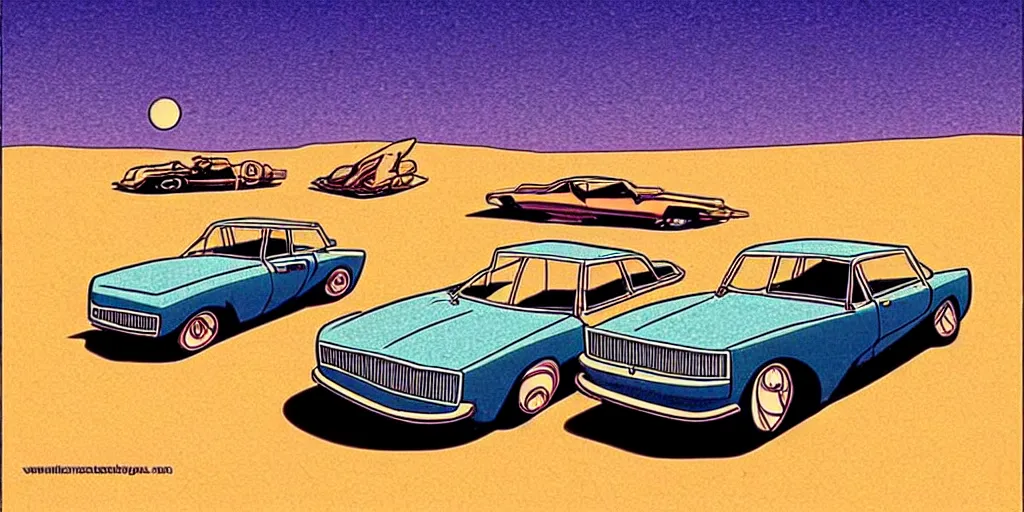 Image similar to vintage cars in a desert, cartoon, moebius style