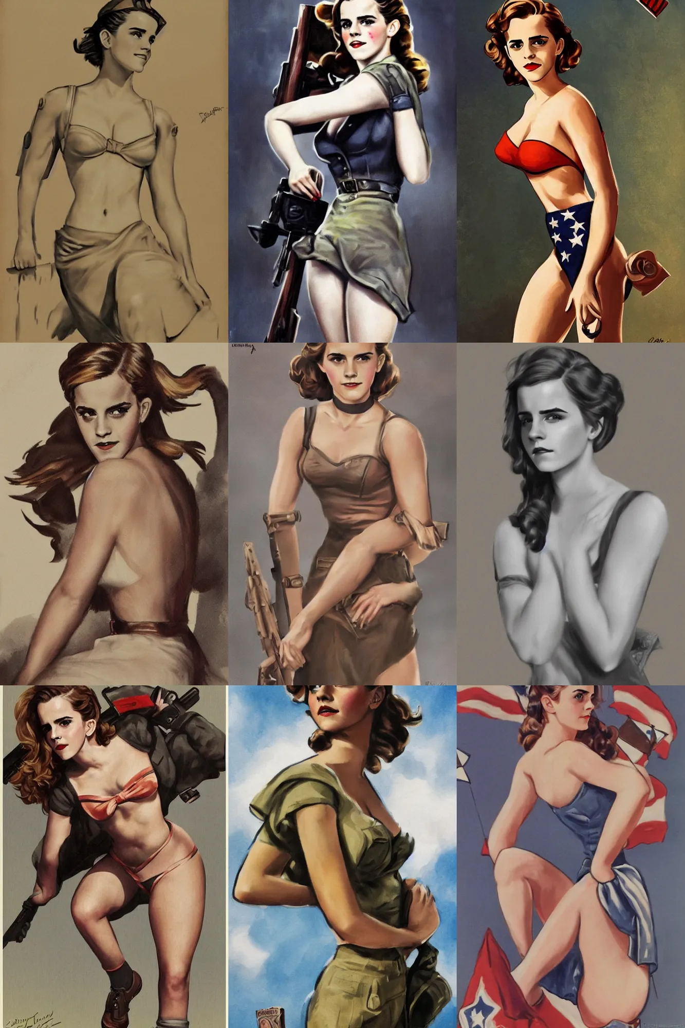 Prompt: emma watson, ww 2 pinup art