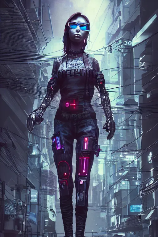 Image similar to t pose, cyberpunk, female character, beautiful head, nice legs, concept art, artstation, intricate details, dramatic lighting