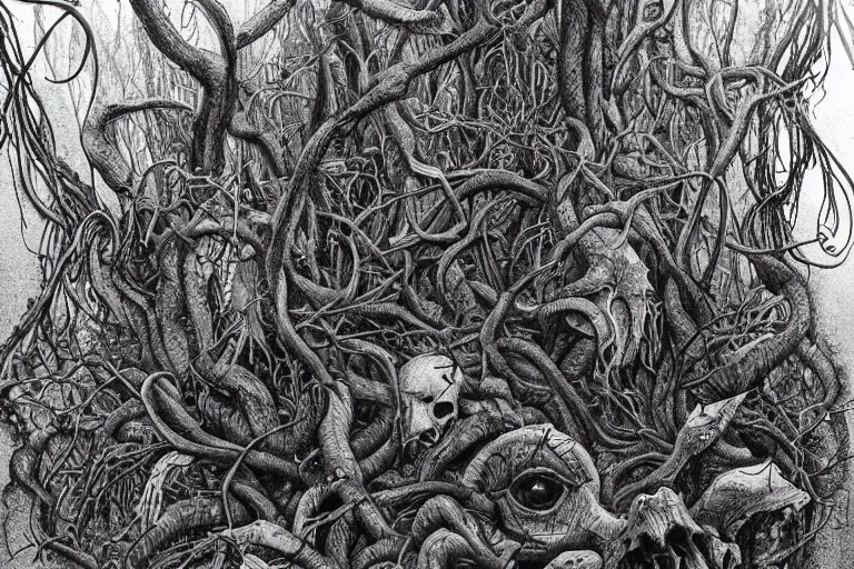 Prompt: an eerie insanely detailed forest of the soul, ambiguous, symbolic, eyes of strange creatures hiding in the dark, skulls and bones of animals, snakes and vines and cobwebs and old trees, a glimpse of hope, ink and ballpoint, inspired by claire scully and evan cagle and simon prades