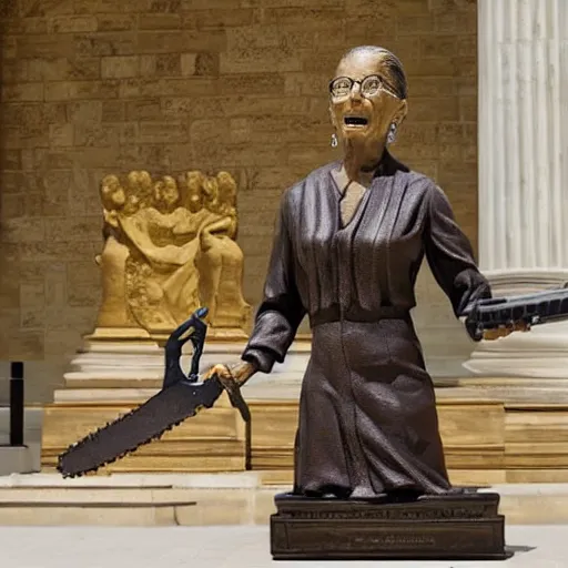 Prompt: bronze statue of Ruth Bader Ginsburg holding a chainsaw over her head