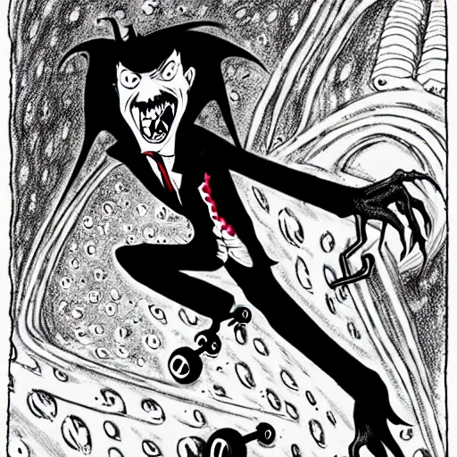Prompt: black and white trippy comic art depiction of dracula the vampire roller skating on roller skates, drawn by martin rowson, tim burton, alex pardee, nekro petros afshar, cgsociety, awesome, stunning, 4 k