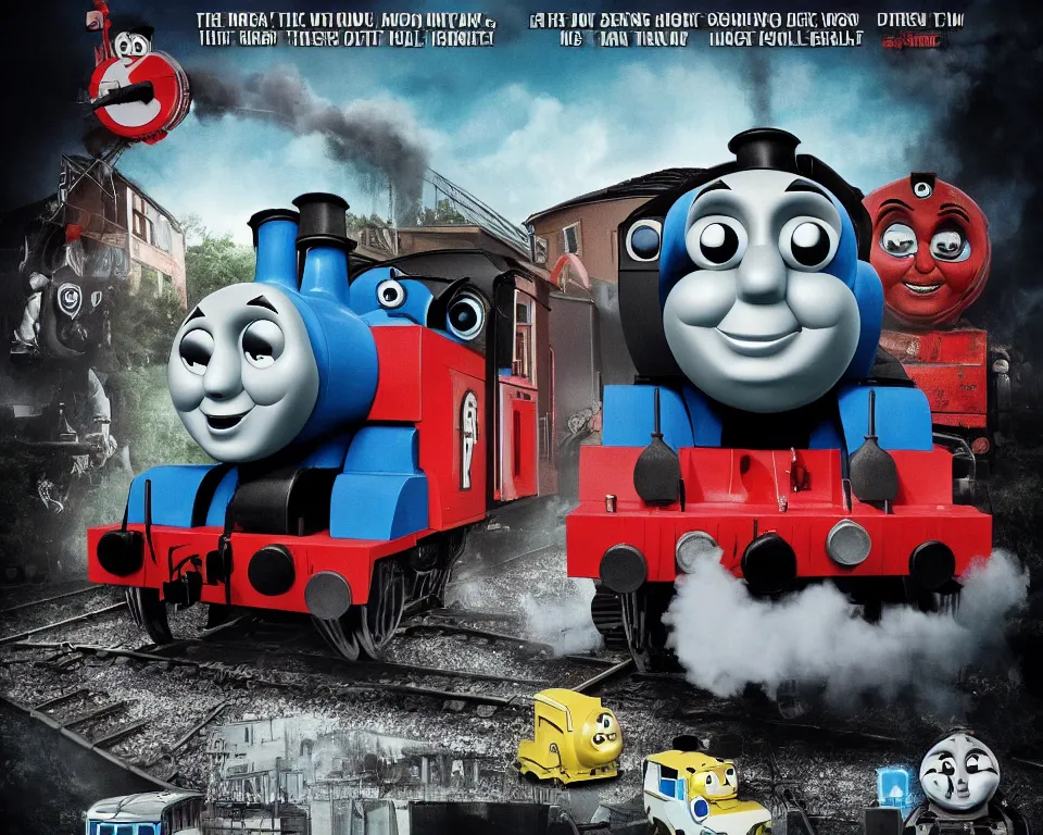 Image similar to a horror movie poster featuring Thomas The Tank Engine