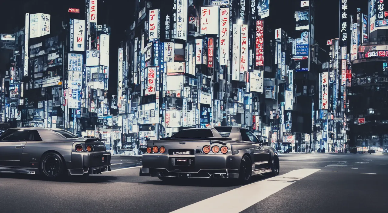 Prompt: sideview of a skyline gtr driving in tokyo at night, 4k photo