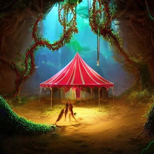 Prompt: circus tent in lush cave with glowing emeralds and rubies and vines hanging from the ceiling, sharp focus, cinematic light, artgerm, cgsociety, desaturated, highly detailed