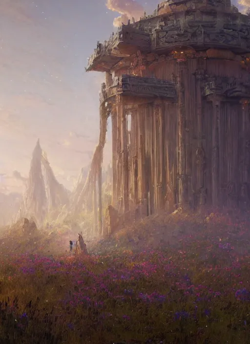 Image similar to giant castle temple megastructure in meadow by gaston bussiere, anna nikonova aka newmilky, greg rutkowski, yoji shinkawa, yoshitaka amano, moebius, donato giancola, geoffroy thoorens, trending on artstation, pixiv, cinematic composition, 8 k