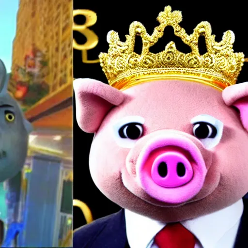 Image similar to news anchor pig wearing a gold crown depicted as a muppet 8k